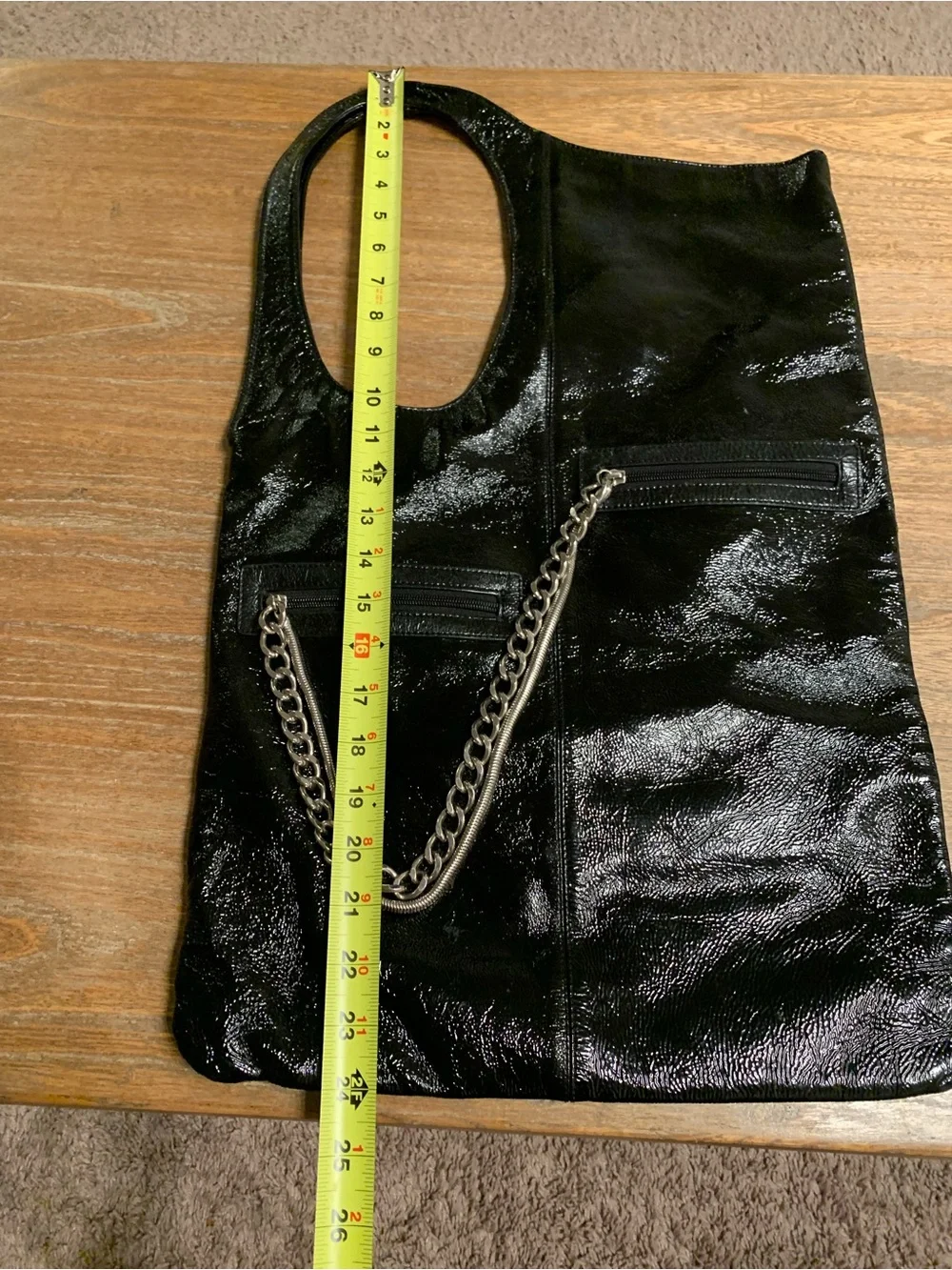 Hobo Black Patent Leather Hobo Shoulder Bag with Silver Chain Strap